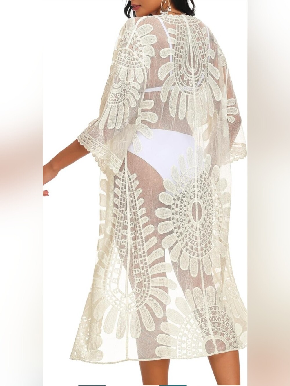 🌟7/25$ ADIVA Boho Ivory Crochet Midi Lace Kimono Cover-Up - Picture 2 of 12